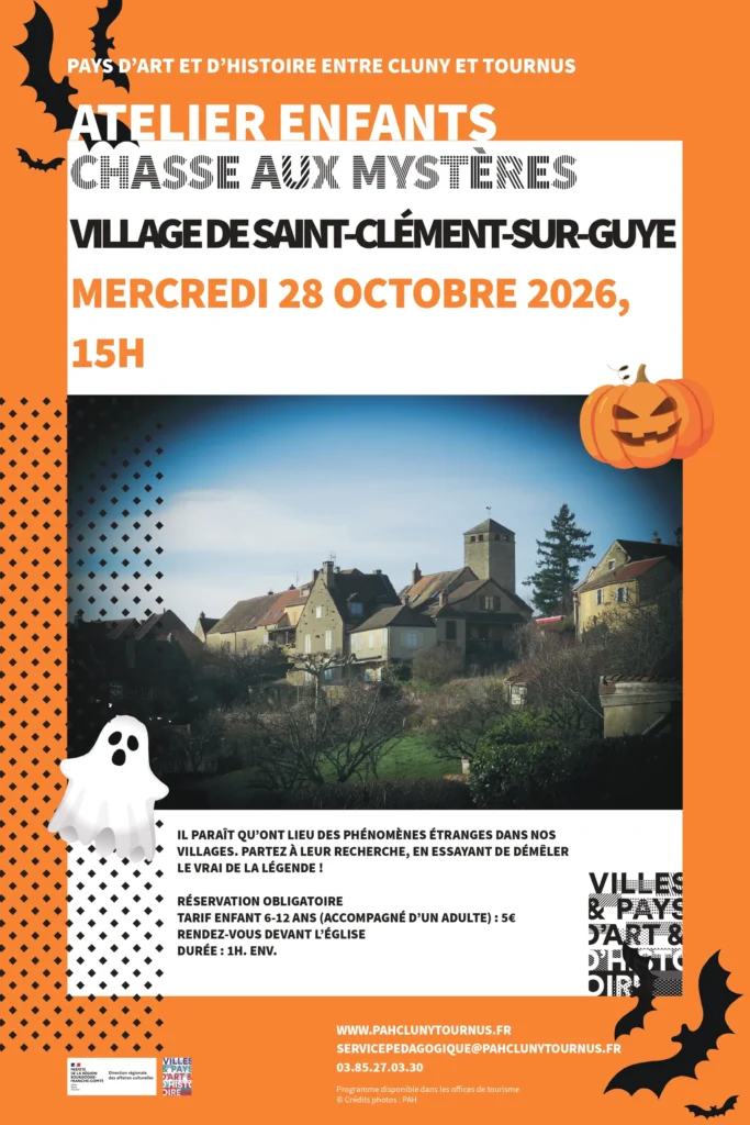 Affiche de l'atelier enfants Chasse aux mystères à Saint-Clément-sur-Guye, mercredi 28 octobre 2026
